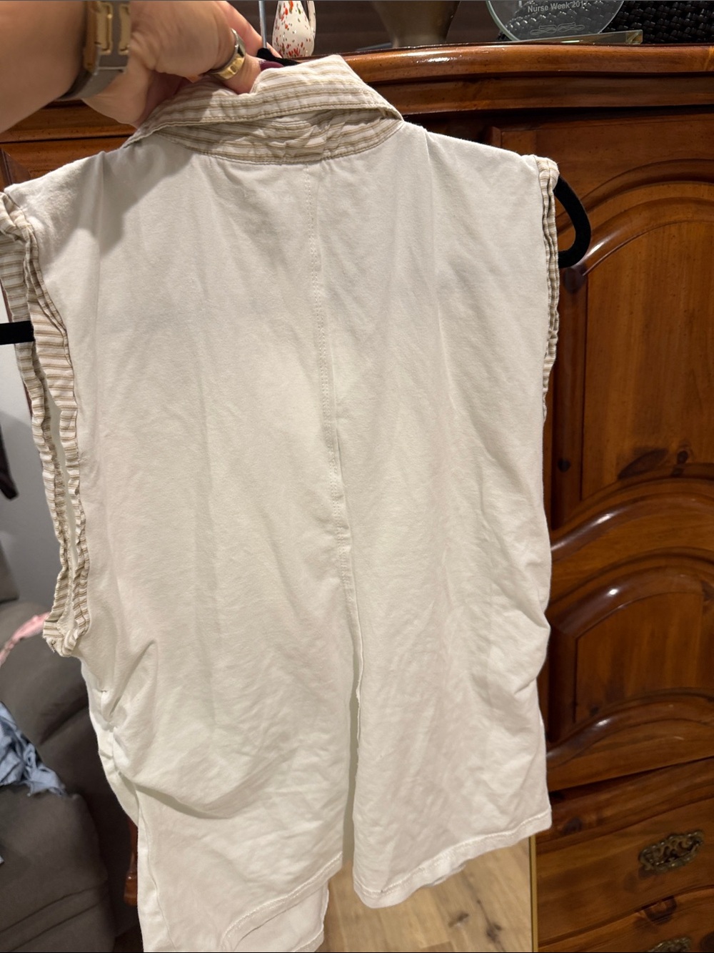 Pilcro Cream Sleeveless Ruched Collared Tank with Tan Stripe Trim - Picture 4 of 4